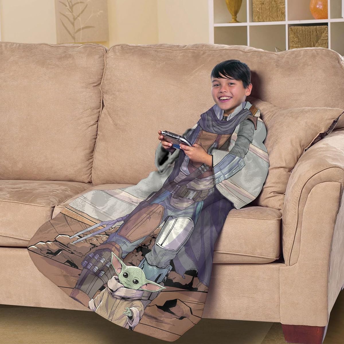 Northwest child wearing throw showing mobility and comfort