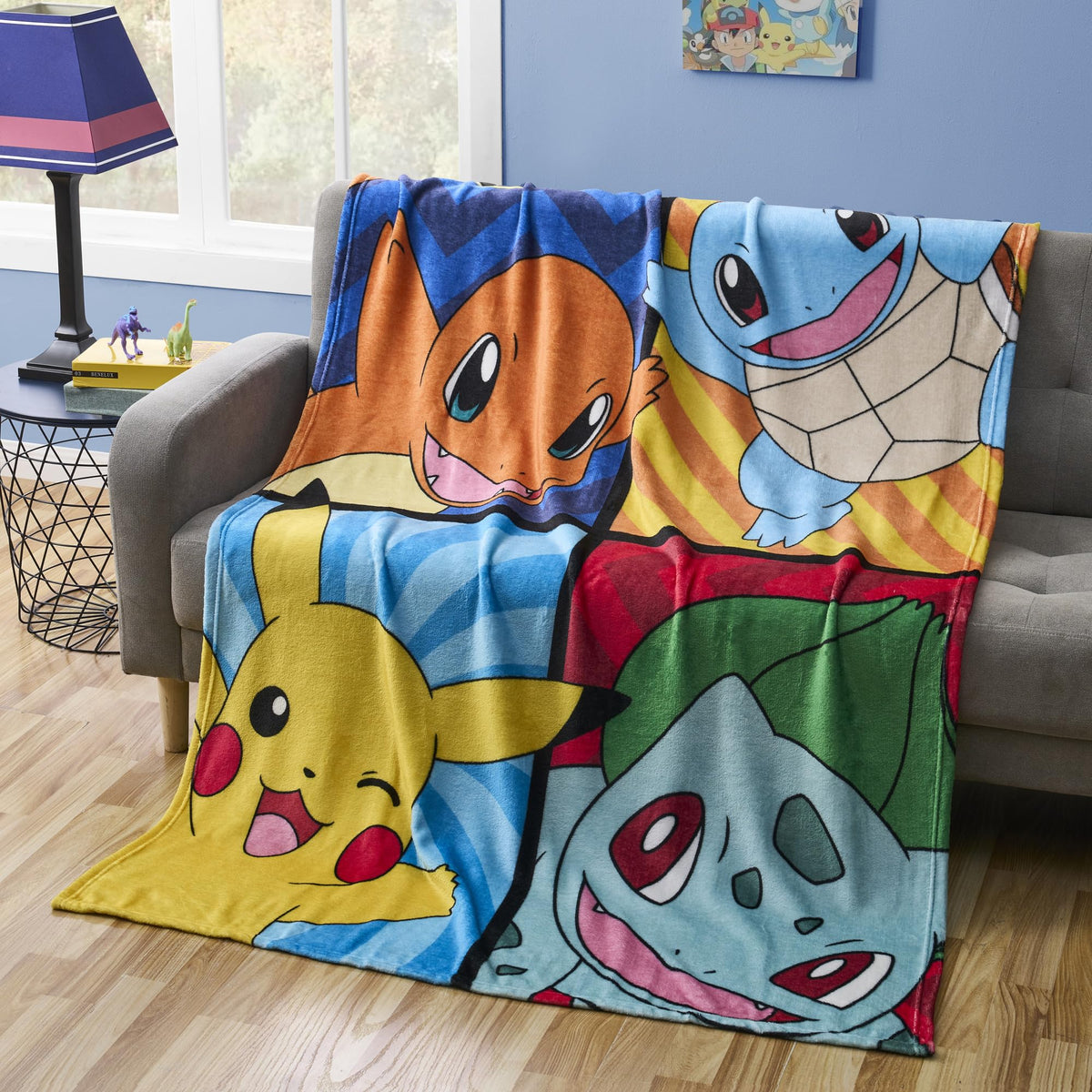 Northwest front view of Pokemon throw blanket showing characters and vibrant colors for fun