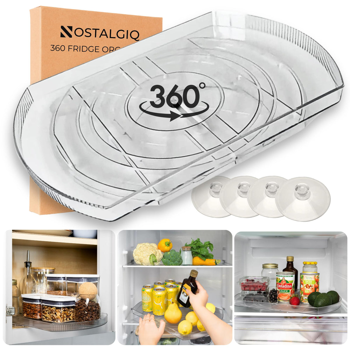 NOSTALGIQ front view of clear rotating lazy susan showing organized bottles benefit quick access
