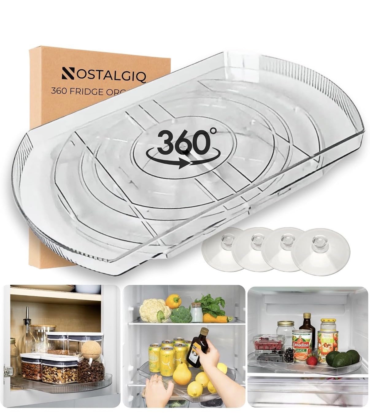 NOSTALGIQ front view of rectangular lazy susan showing clear PET and footprint benefit