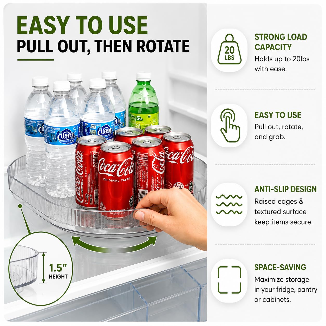 NOSTALGIQ rotating lazy susan inside fridge showing easy reach to back items and reduced waste