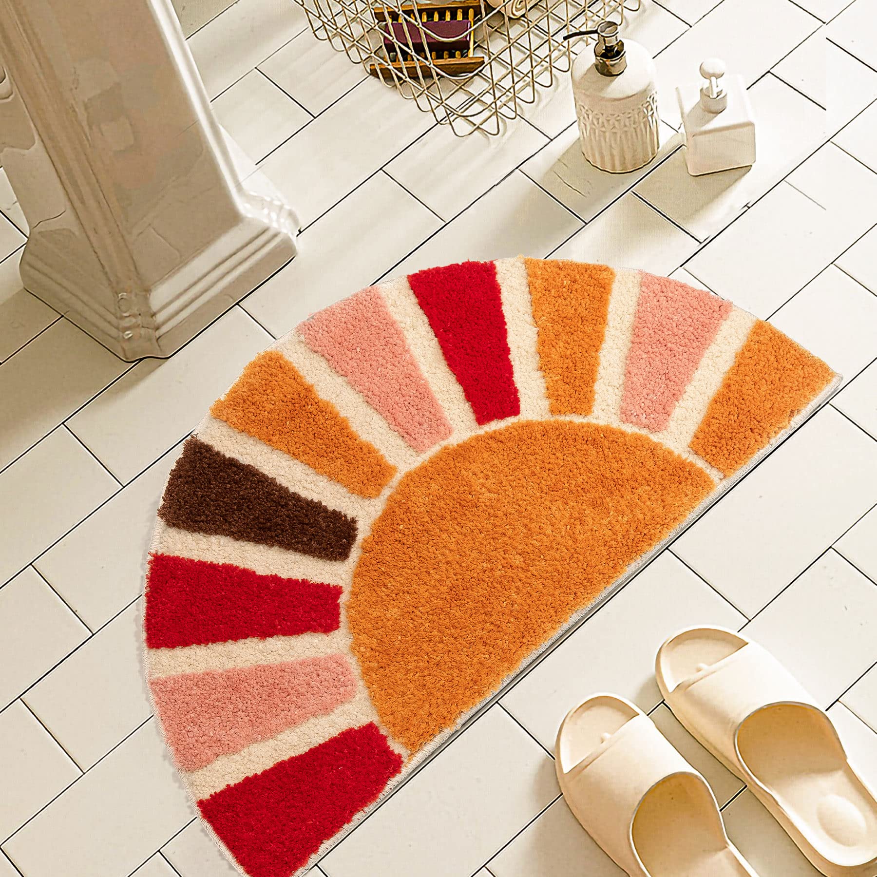NOTASA front view of half-circle boho bath mat shows sun design and welcome warmth