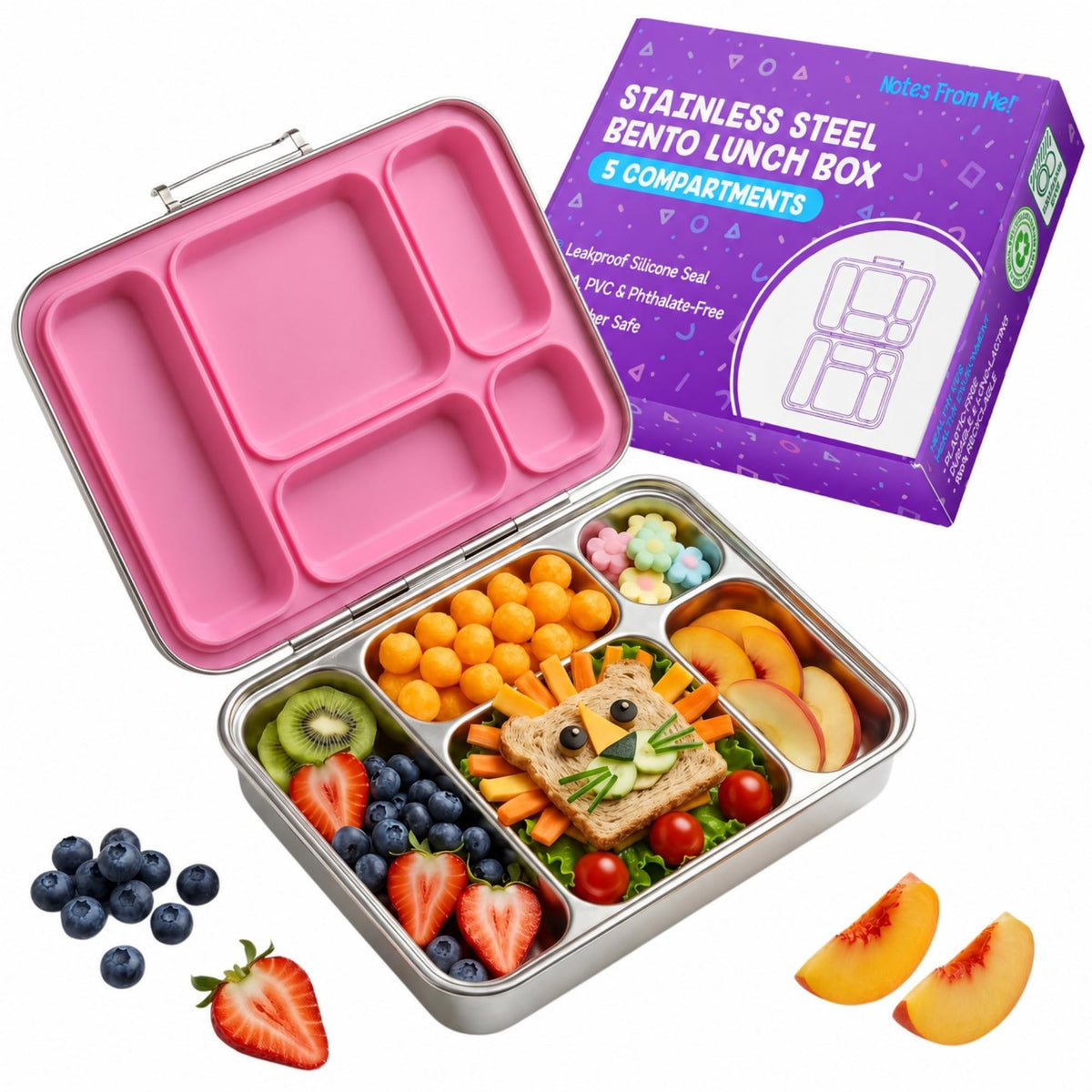 Notes From Me! front view pink lunch box shows leakproof lid and compact design benefit
