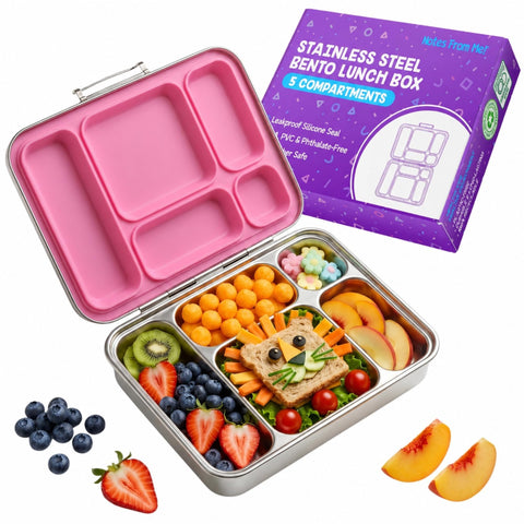 Notes From Me! front view pink lunch box shows leakproof lid and compact design benefit