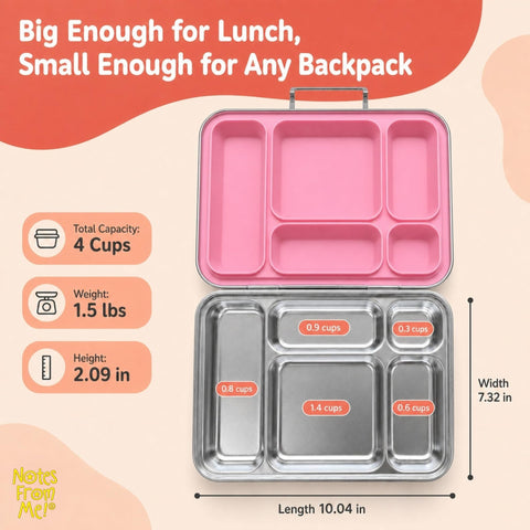 Notes From Me! bento inside child's backpack demonstrating slim fit and portability benefit
