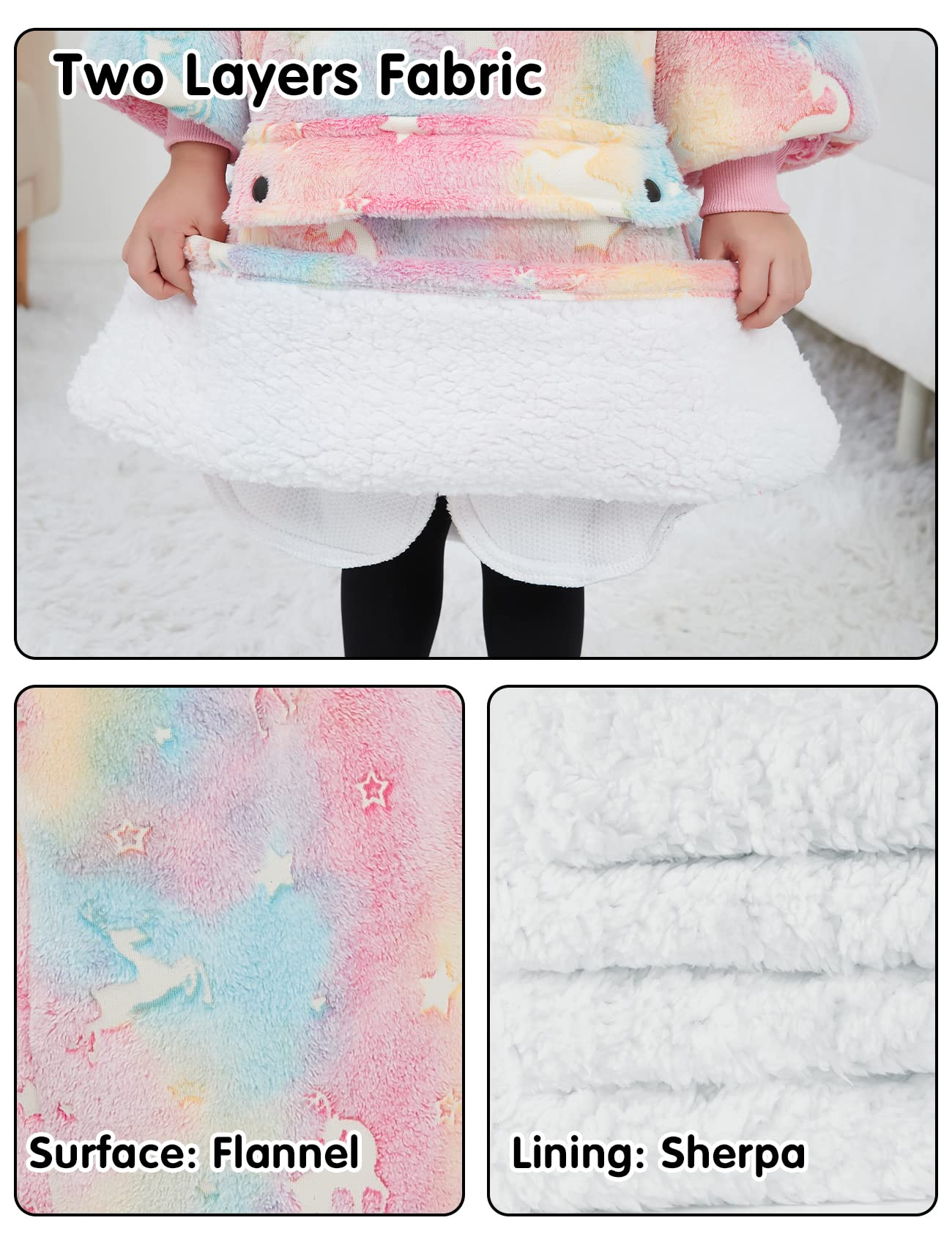 NOUKOW child wearing hoodie blanket in living room showing relaxed, hands-free warmth