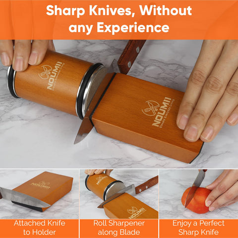 Noumii sharpener in kitchen use slicing test demonstrating improved cutting performance