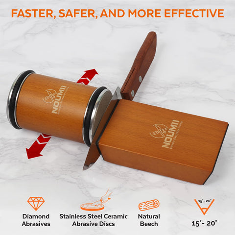 Noumii next to a chef knife showing compact size and practical scale