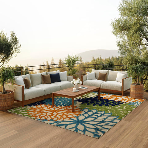 Nourison rug full-view on patio adding tropical color and protection