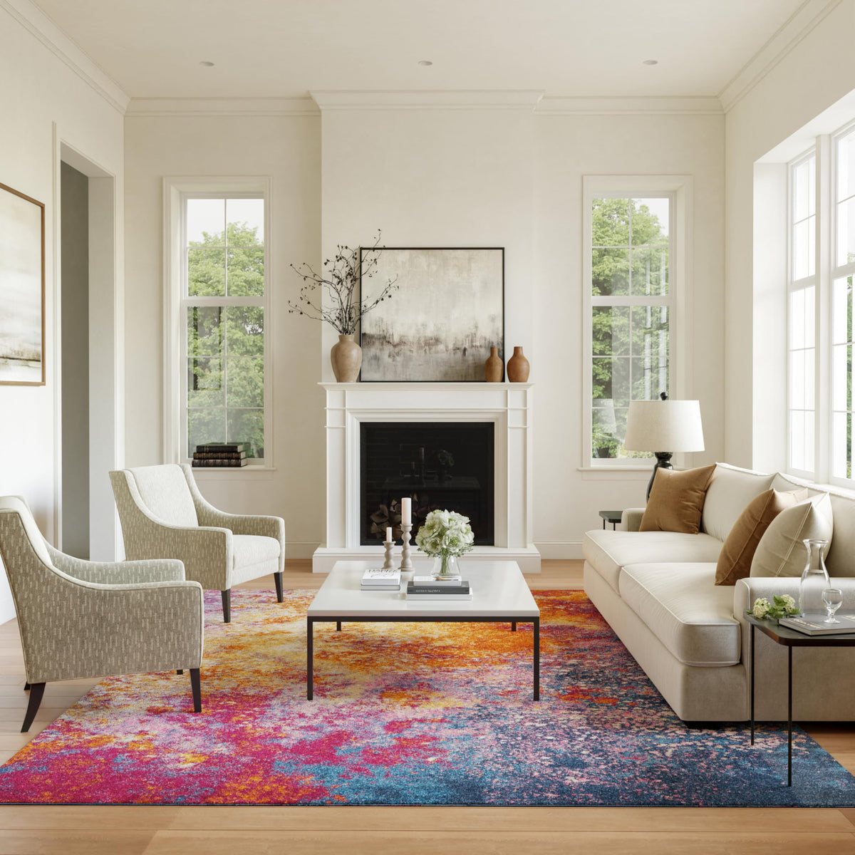 Nourison Passion front view showing bold sunburst pattern and room anchoring