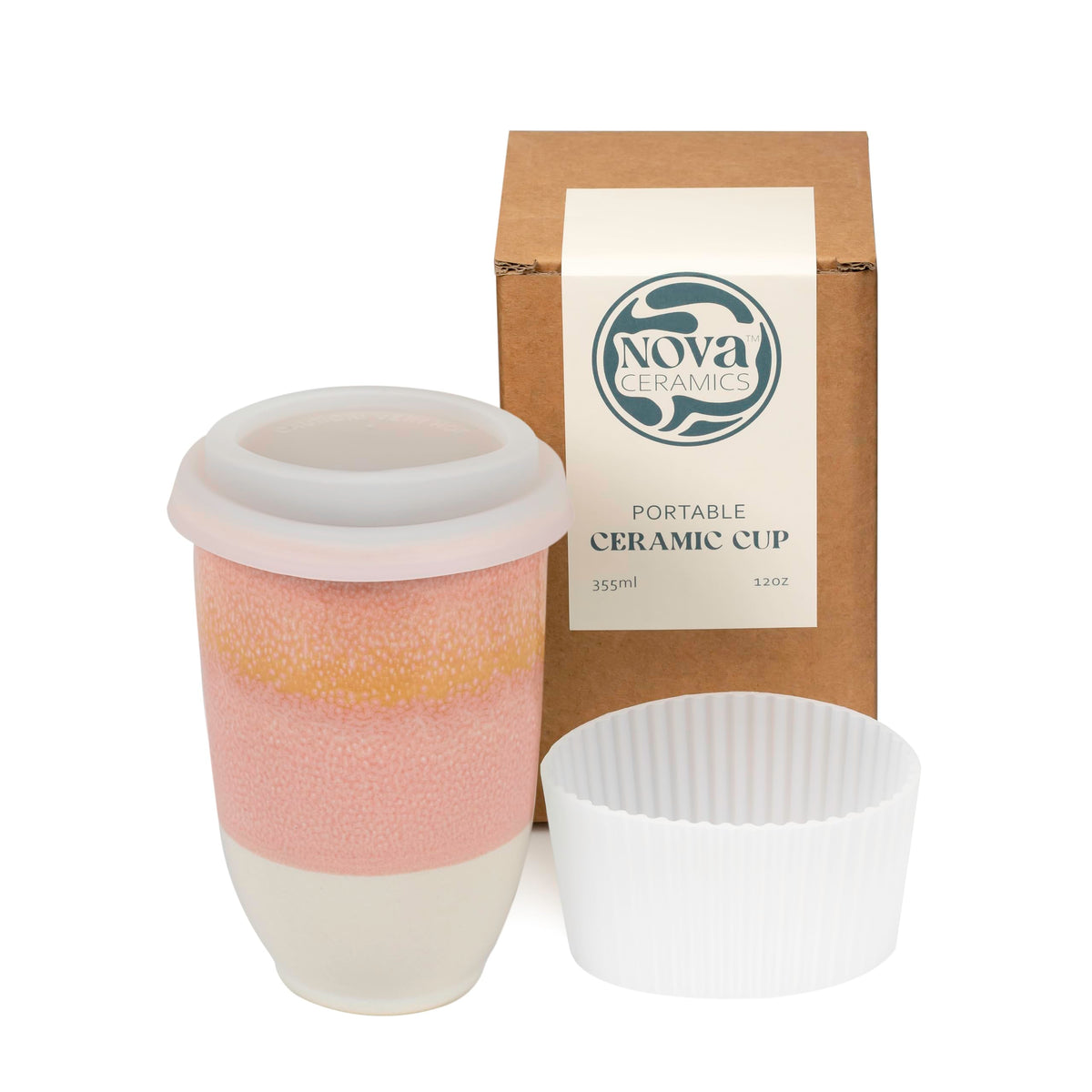 NOVA CERAMICS Afterglow front view showing pink sunset glaze and sleek shape, enhances morning routine