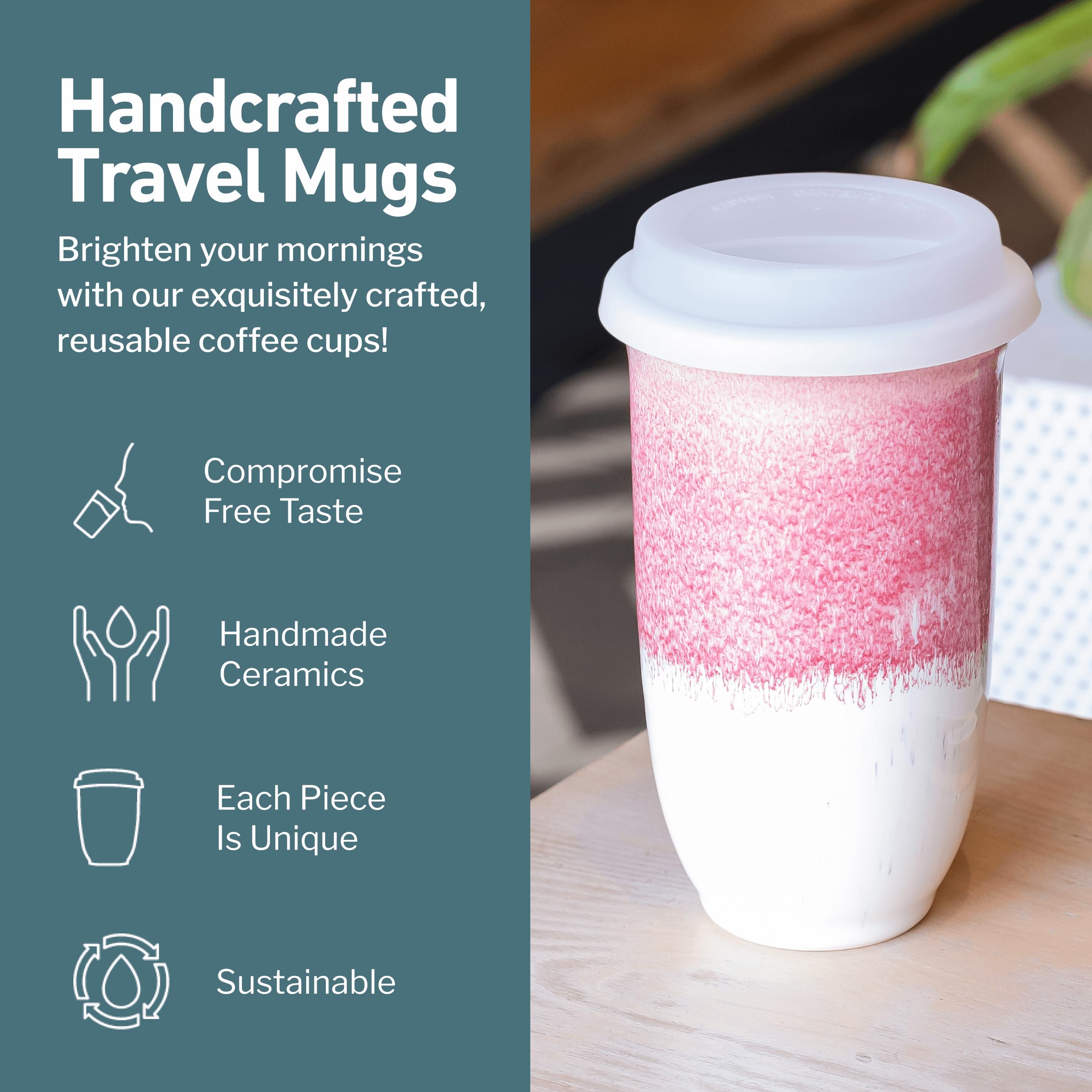 NOVA CERAMICS coral pink mug angled side profile highlighting grip and shape