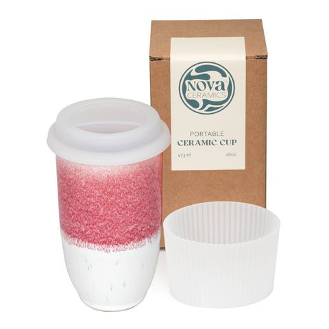 NOVA CERAMICS coral pink mug front view showing ceramic finish and portable design