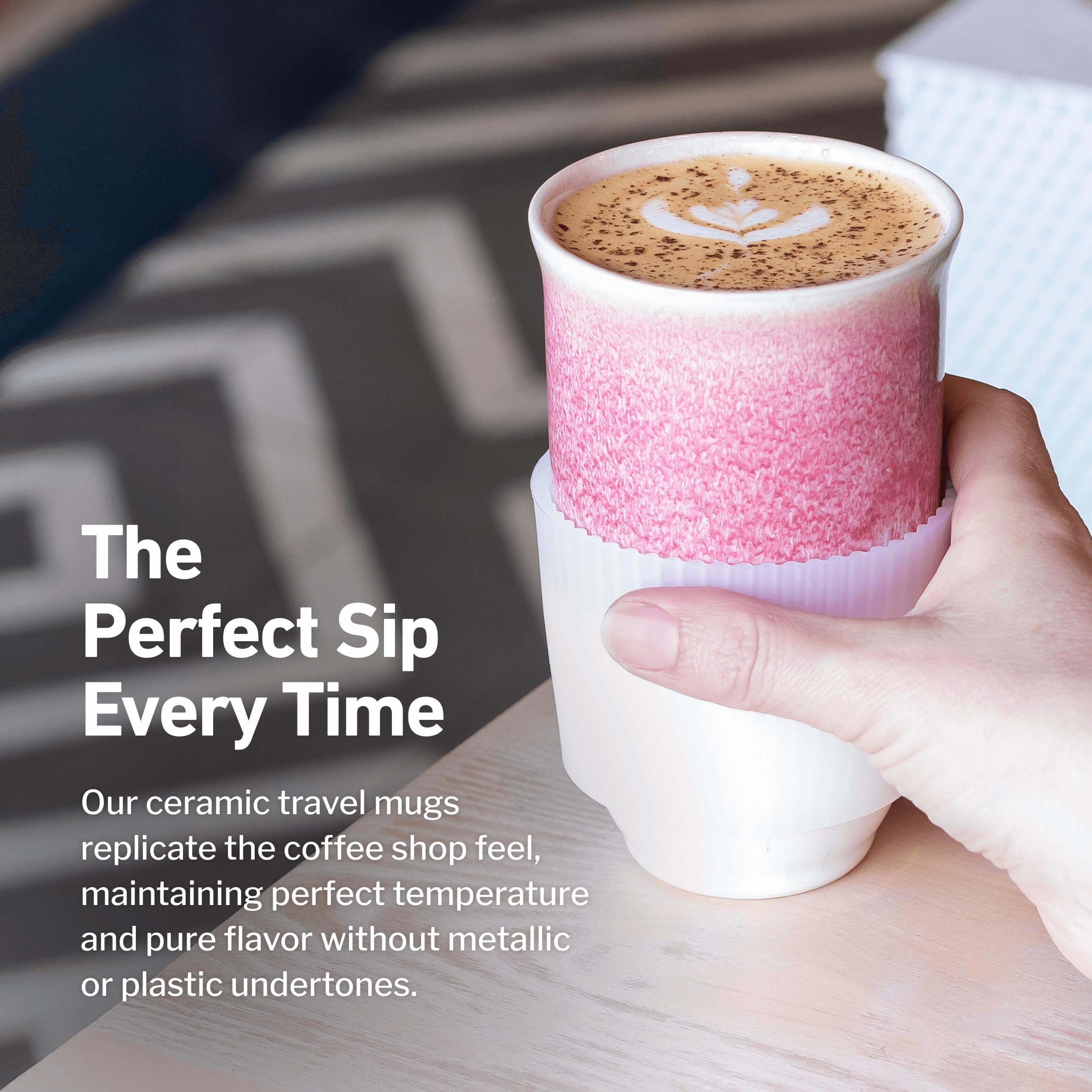 NOVA CERAMICS mug lid and mouthpiece view for spill reduction and easy sipping