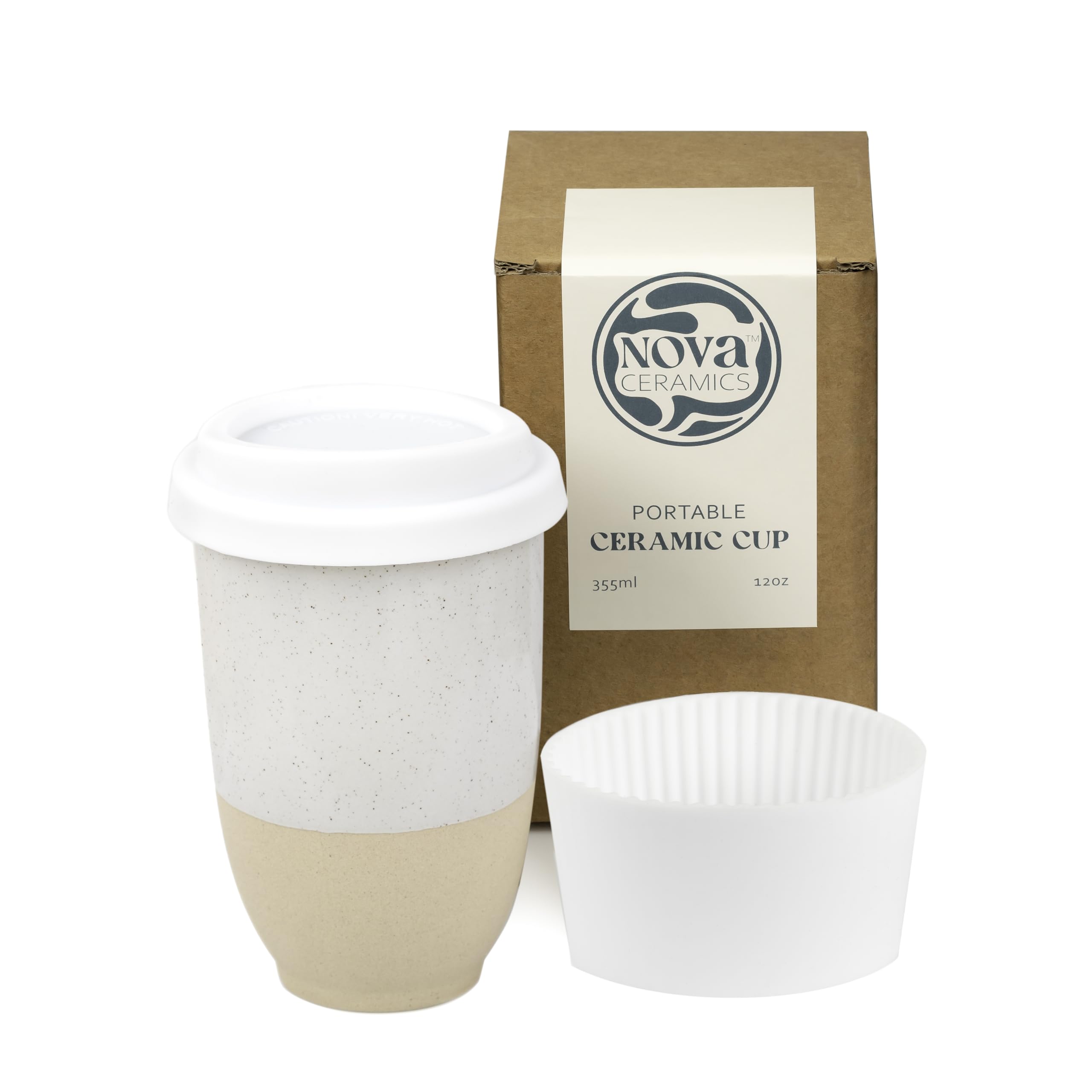 NOVA CERAMICS front view of Dune travel mug showing elegant shape and portability benefit