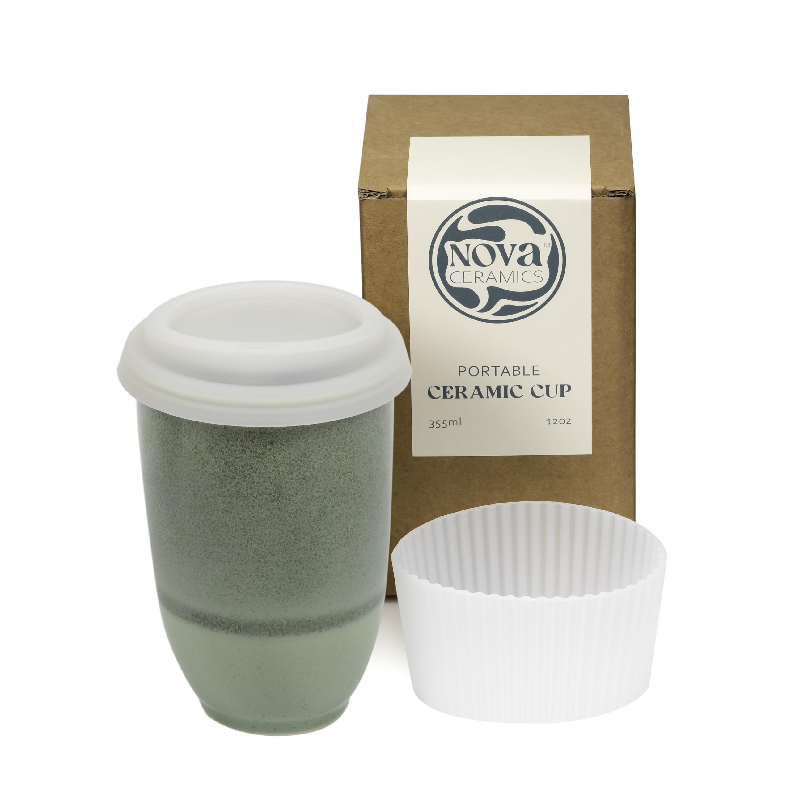 NOVA CERAMICS emerald travel mug front view showing elegant two-tone design and durable build