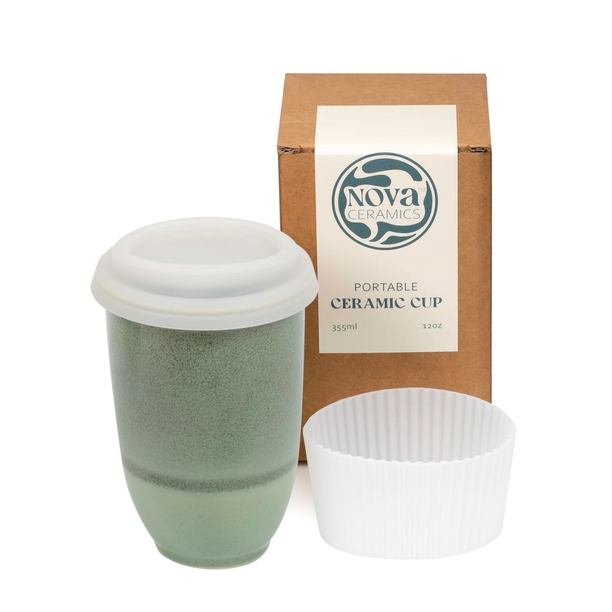 NOVA CERAMICS emerald travel mug front view showing elegant two-tone design and durable build