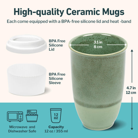 NOVA CERAMICS mug held in hand demonstrating comfortable grip and portable 12oz capacity