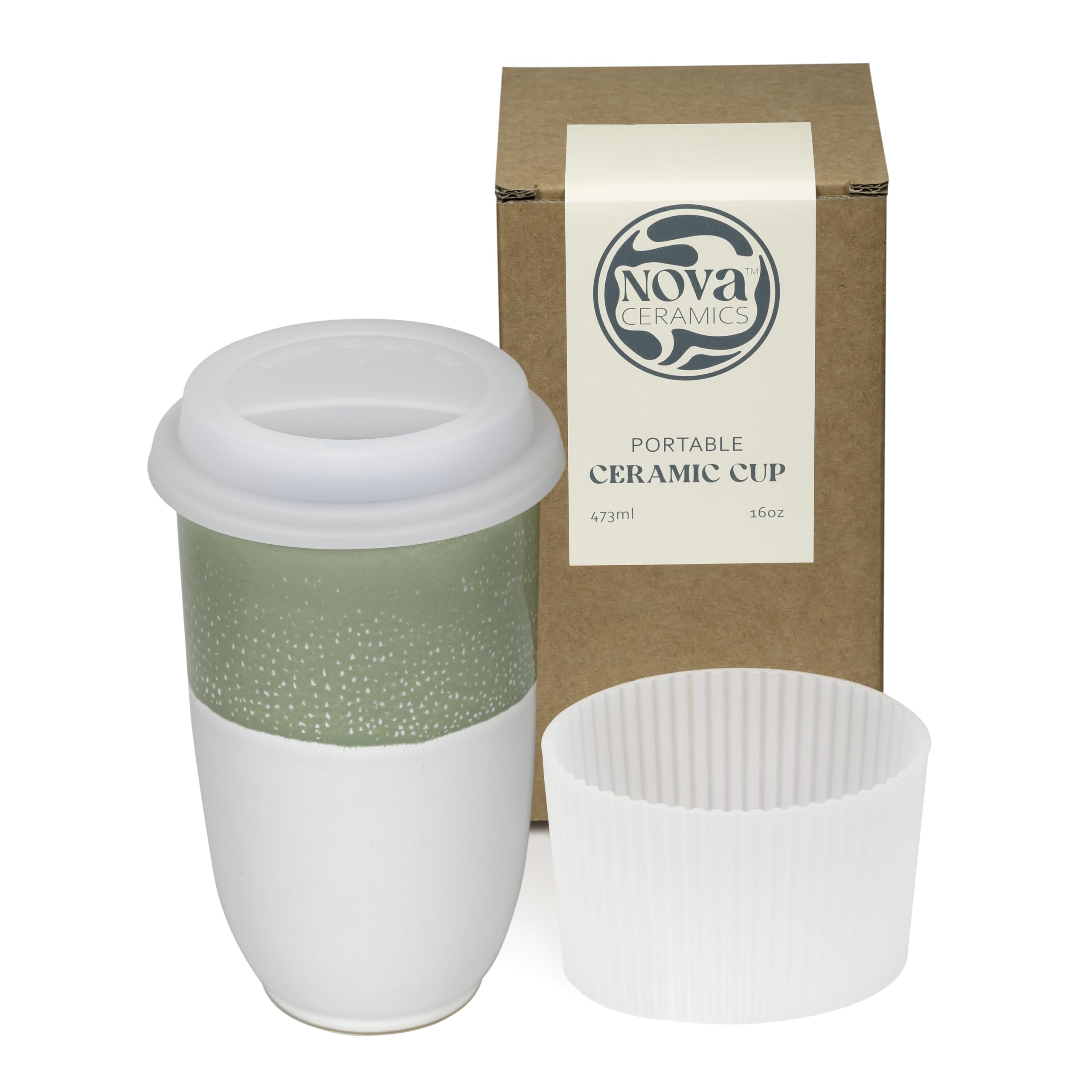 NOVA CERAMICS front view showing sage mug packaging and appeal