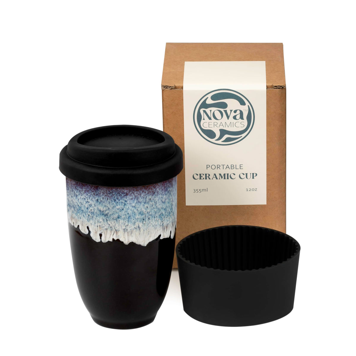 NOVA CERAMICS front view showing mug shape and Monsoon glaze, elegant and durable