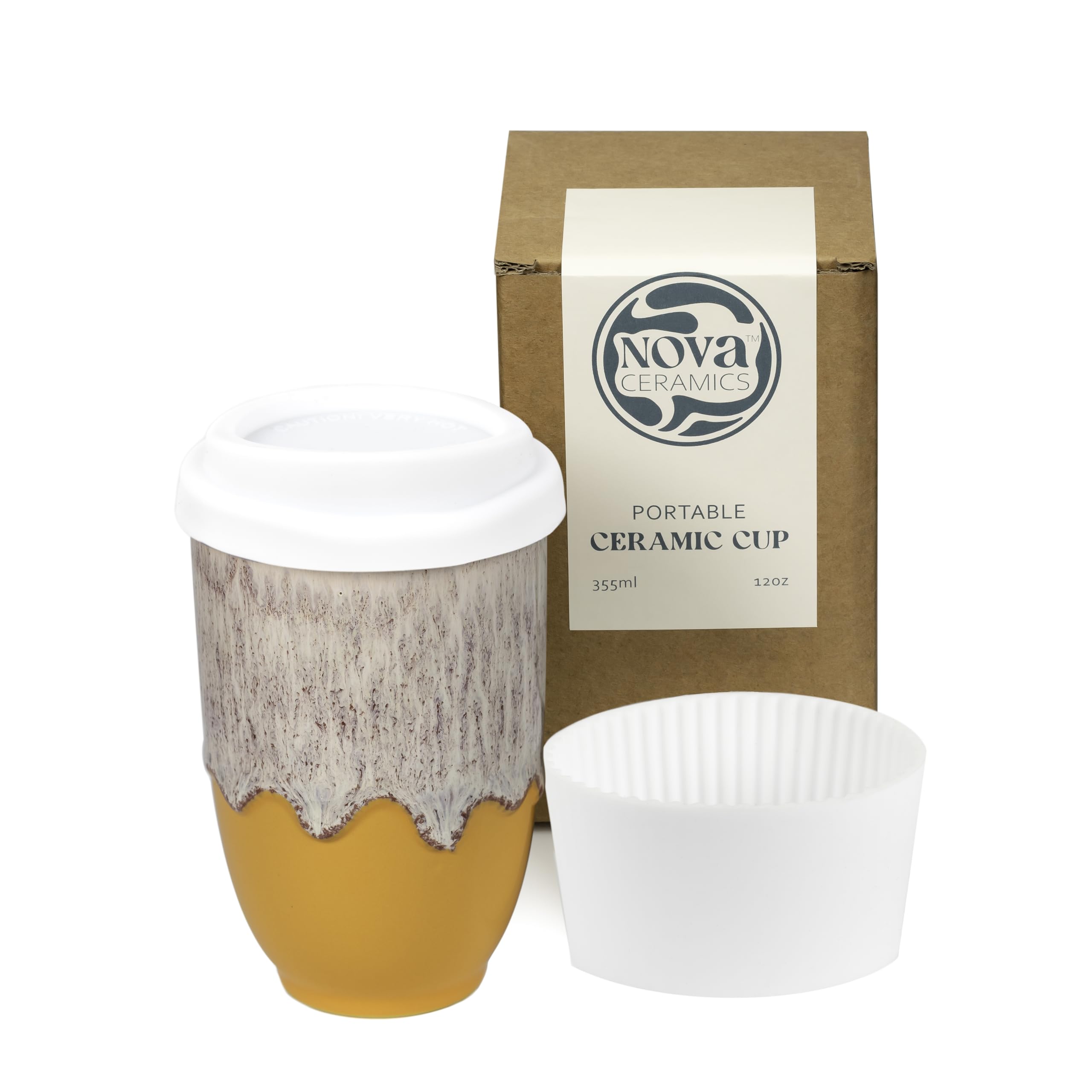 NOVA CERAMICS grapefruit front view showing orange-white glaze and lid, stylish on-the-go mug