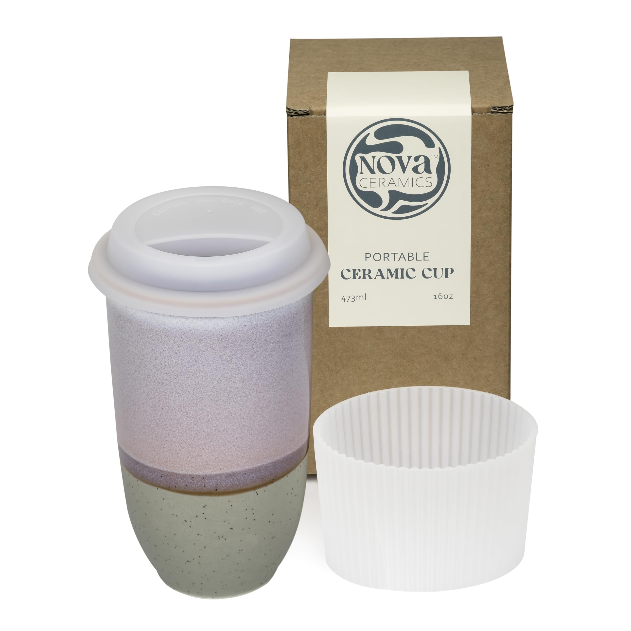 NOVA CERAMICS front view showing elegant purple-gray glaze and 16oz capacity benefit