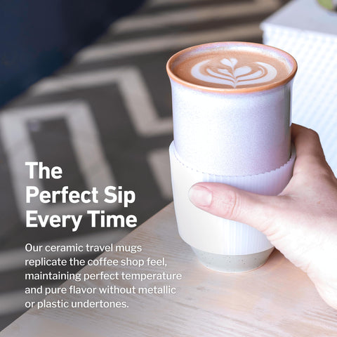 NOVA CERAMICS mug in car cup holder demonstrating fit and hands-free travel benefit