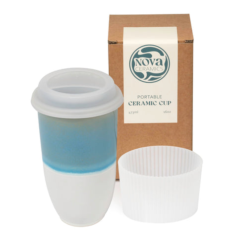 NOVA CERAMICS lagoon mug front view showing elegant ceramic finish and travel-ready design