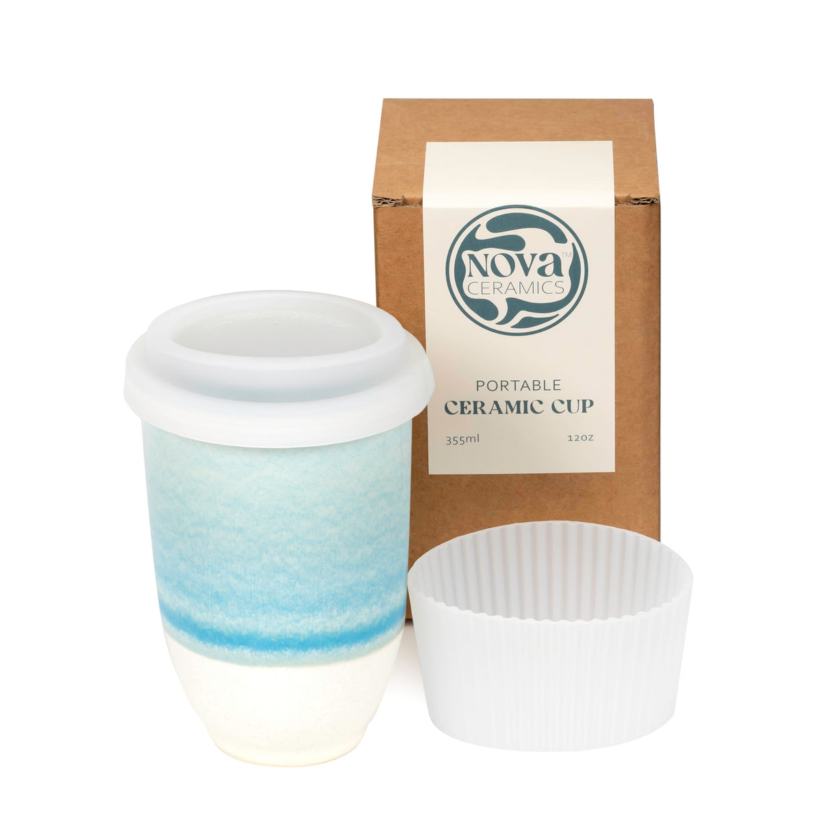 NOVA CERAMICS front view of Lagoon mug showing shape and benefit of café taste