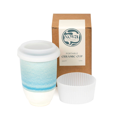 NOVA CERAMICS front view of Lagoon mug showing shape and benefit of café taste