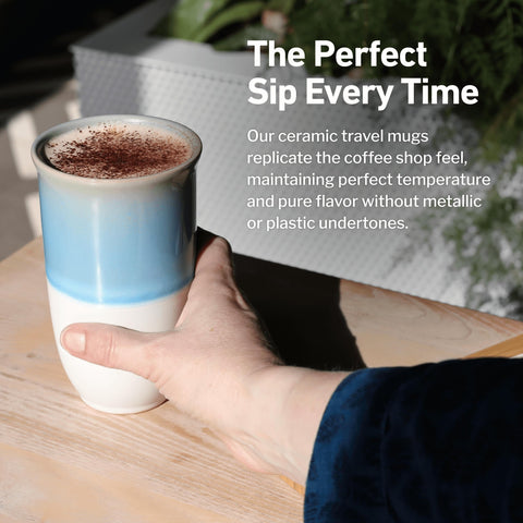 NOVA CERAMICS mug seated in car cup holder showing commute convenience and stability
