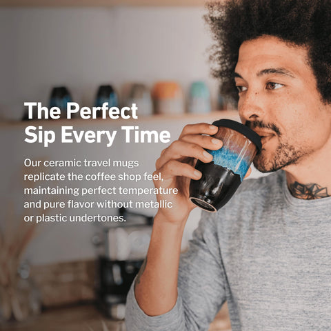 NOVA CERAMICS beside a smartphone showing compact 12oz scale and fit for car holders