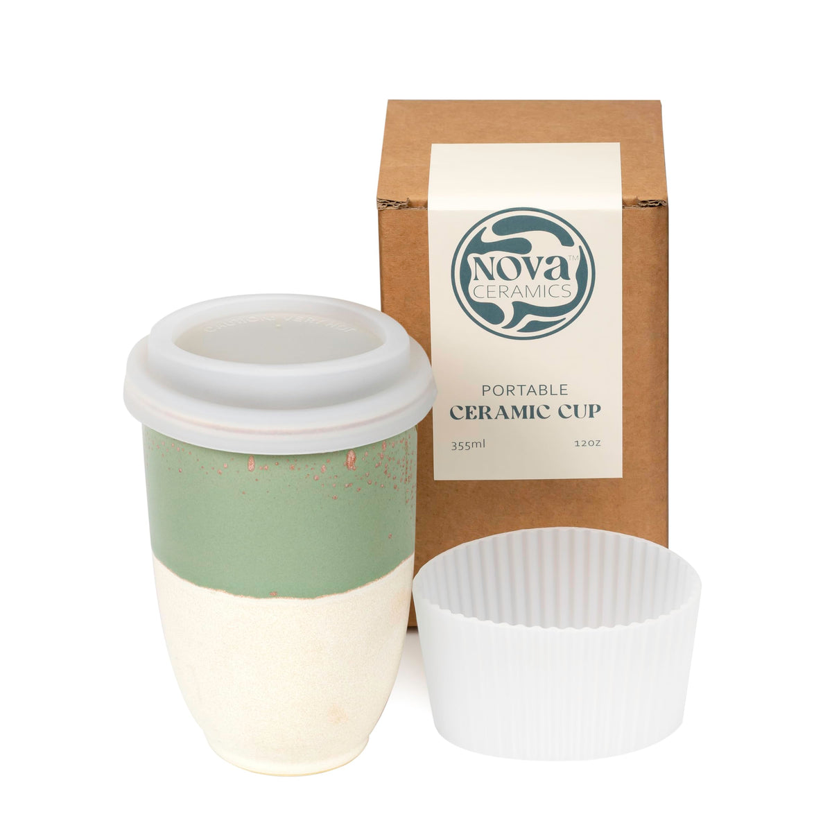 NOVA CERAMICS front view sage green mug showing size and design benefit: stylish portability