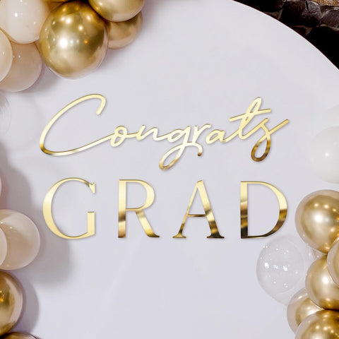 Novabright front view of gold Congrats Grad decal for instant party impact