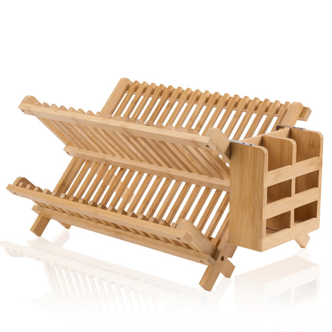 NOVAYEAH bamboo dish rack front view holding plates and cups for compact drying