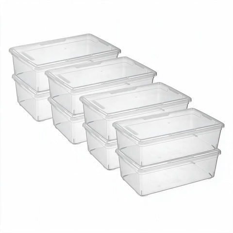 novelinks front view of eight clear bins showing neat pack and visibility benefit