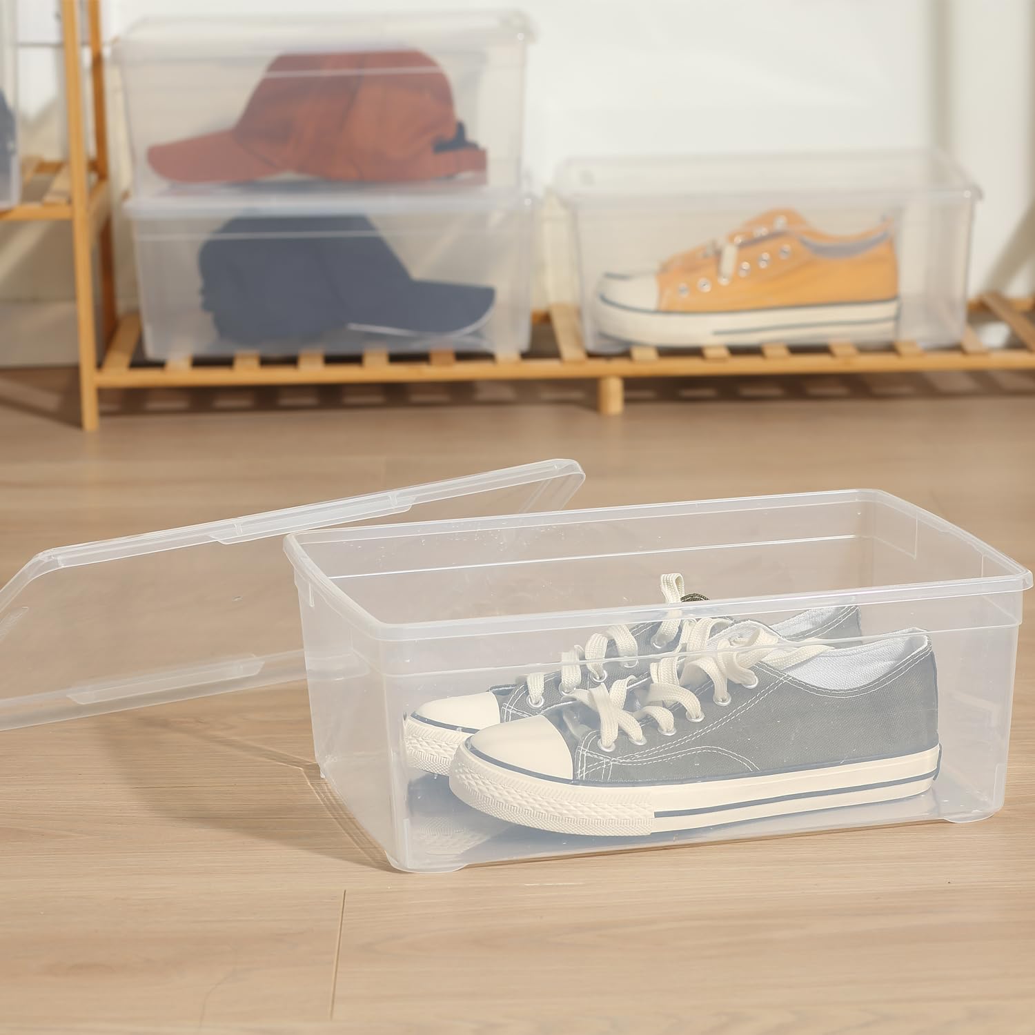 novelinks bins holding shoes to show tidy shoe organization advantage