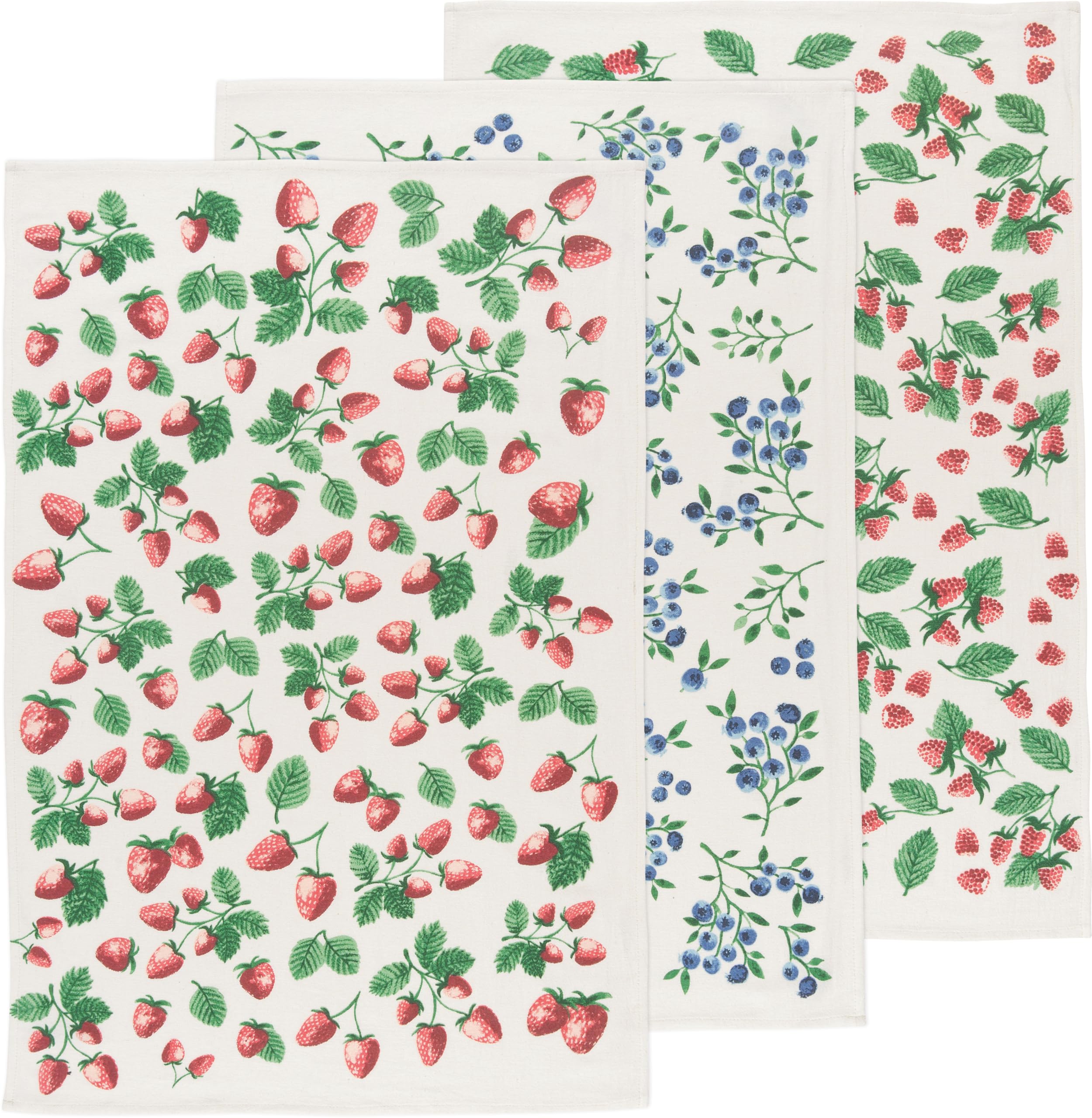 Now Designs front packaging set of three towels shows colorful berry pattern and gift twine
