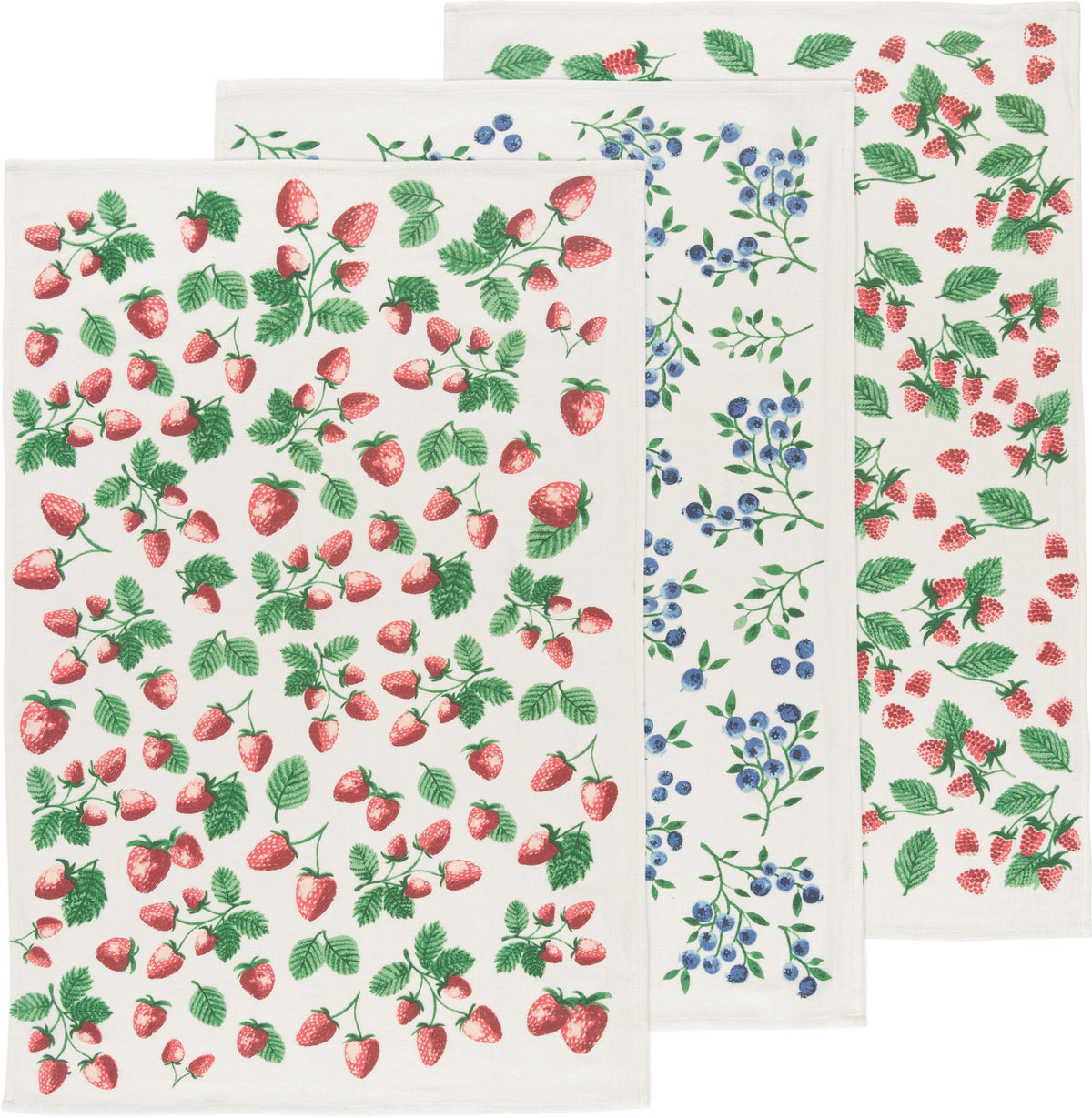 Now Designs front packaging set of three towels shows colorful berry pattern and gift twine