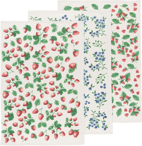 Now Designs front packaging set of three towels shows colorful berry pattern and gift twine
