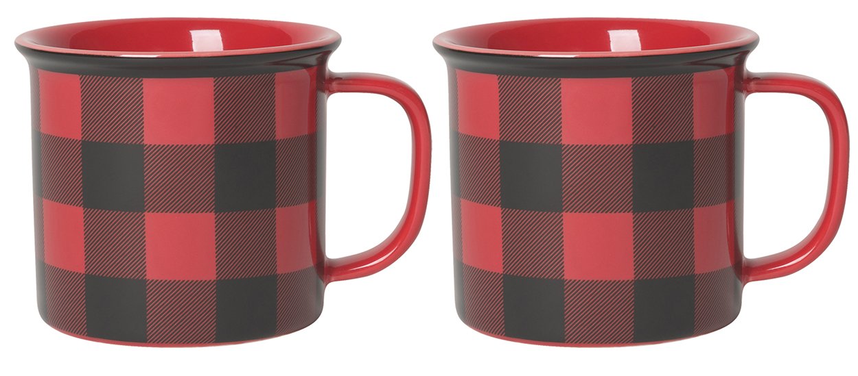 Now Designs mug front view showing red buffalo check and durable finish