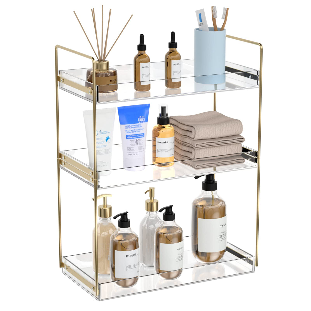 NPPLUS front view showing gold frame and three clear trays for tidy storage