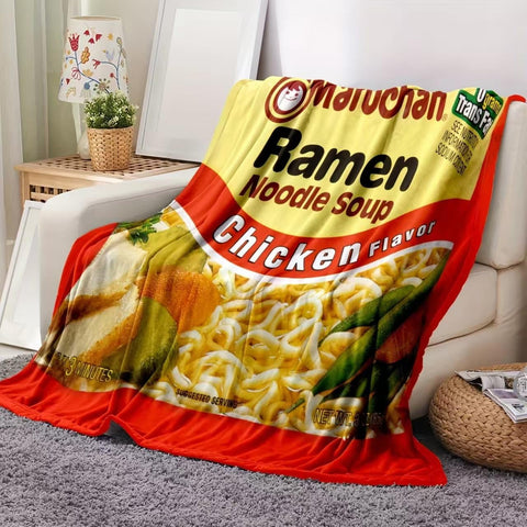 NQRSBUI front view ramen blanket showing full noodle and broth design for playful decor