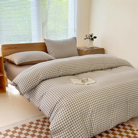 NSNLGSGC full bed styled in neutral bedroom showing how the tan gingham complements decor