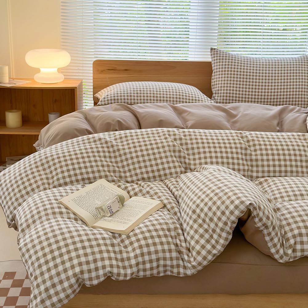 NSNLGSGC front view of tan gingham duvet cover set showing pattern and packaging, easy styling benefit