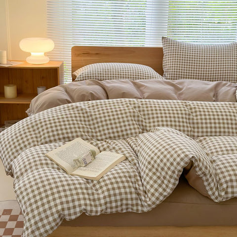 NSNLGSGC front view of tan gingham duvet cover set showing pattern and packaging, easy styling benefit