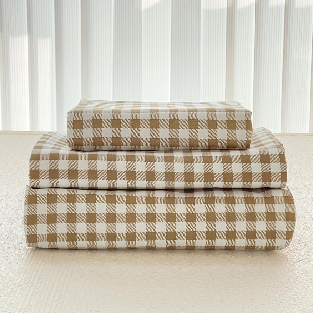 NSNLGSGC front view of tan gingham queen sheet set shows tidy packaging and pattern benefit