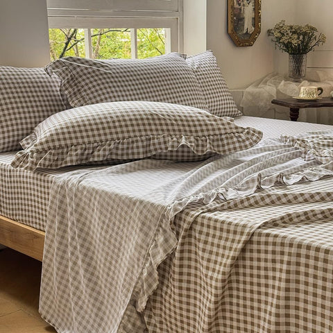 NSNLGSGC front packaging showing tan gingham and ruffled set, adds charming decor