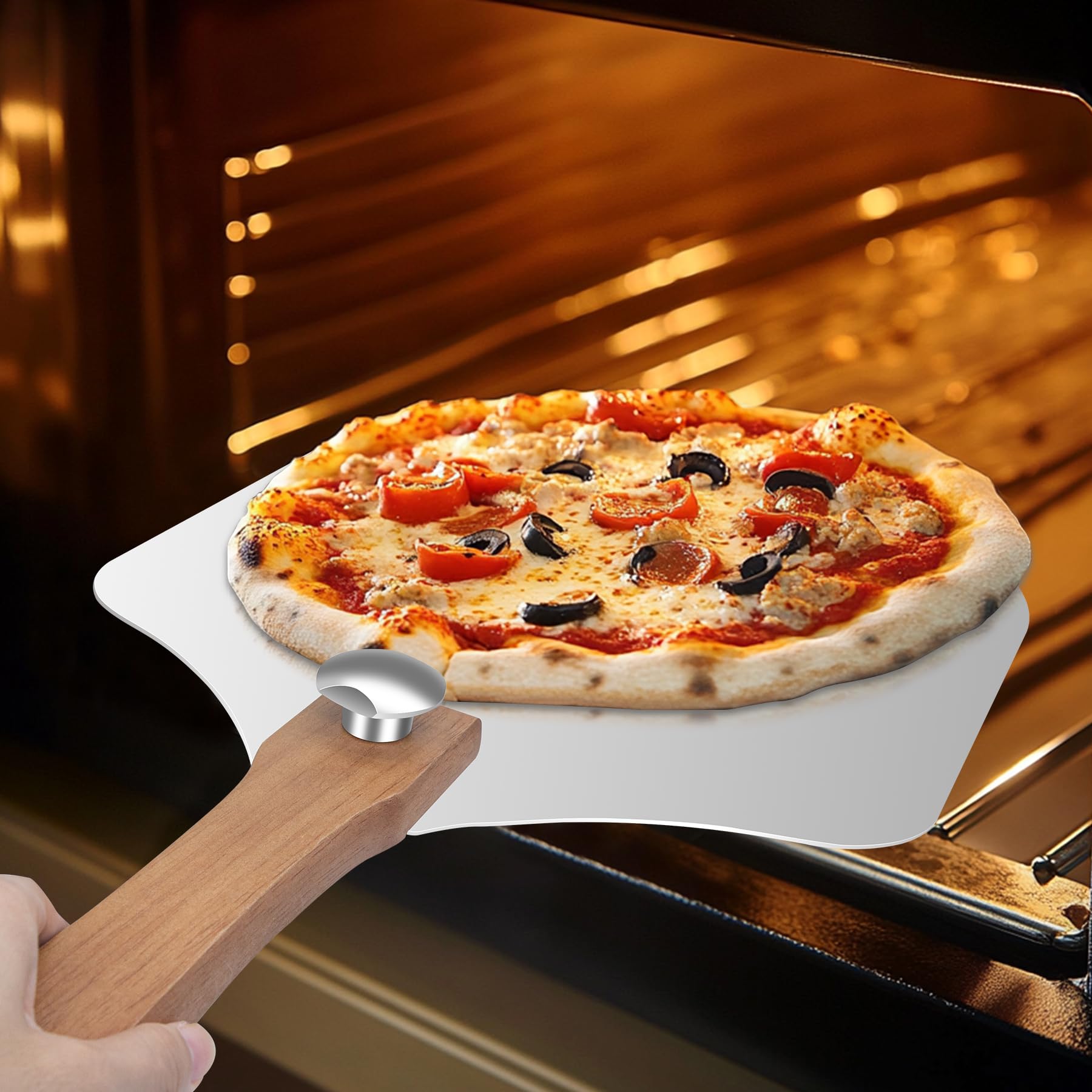 Nsoyos extended handle reaching into a pizza oven for safe launching