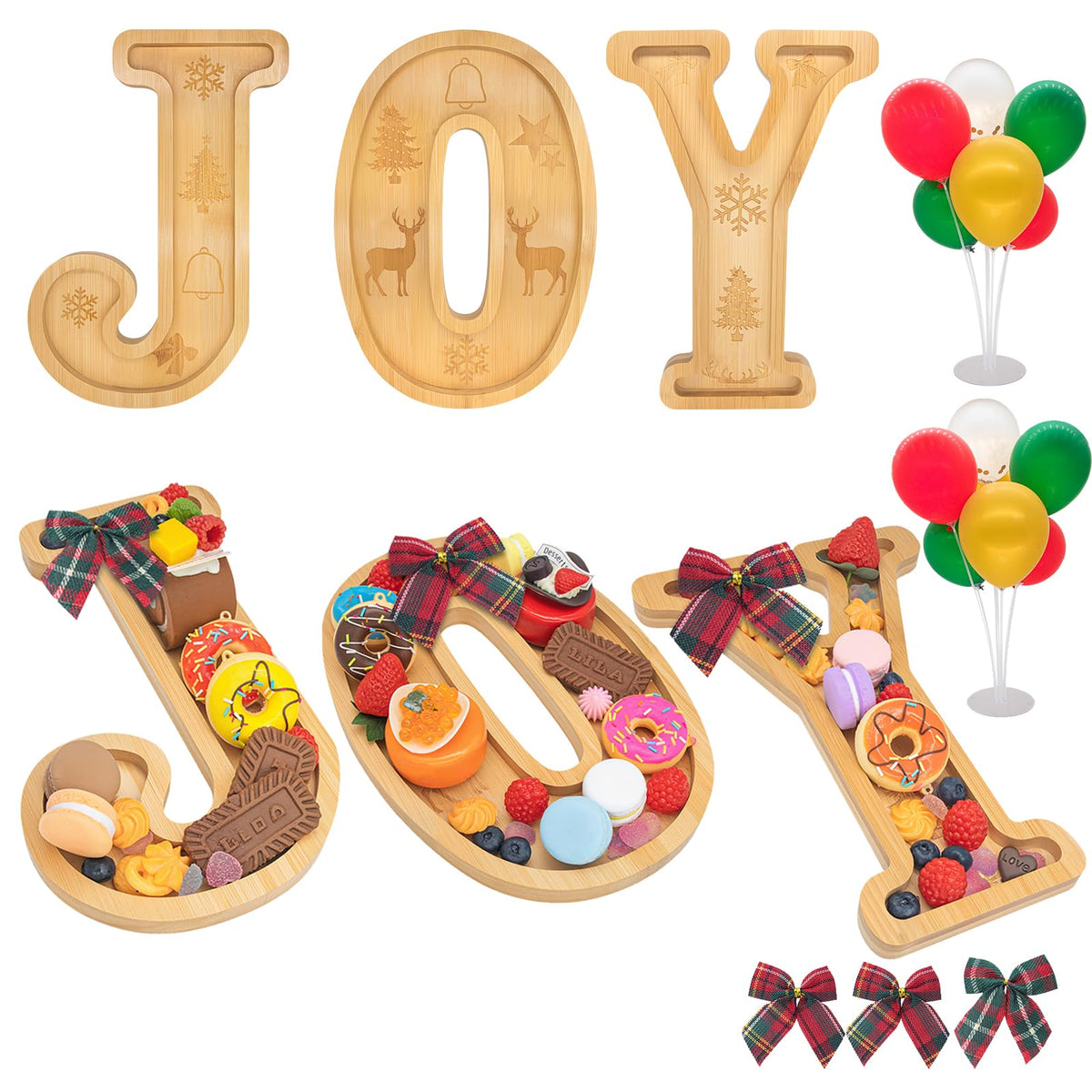 Nsoyos JOY letters front view showing clean bamboo finish and festive presentation benefit